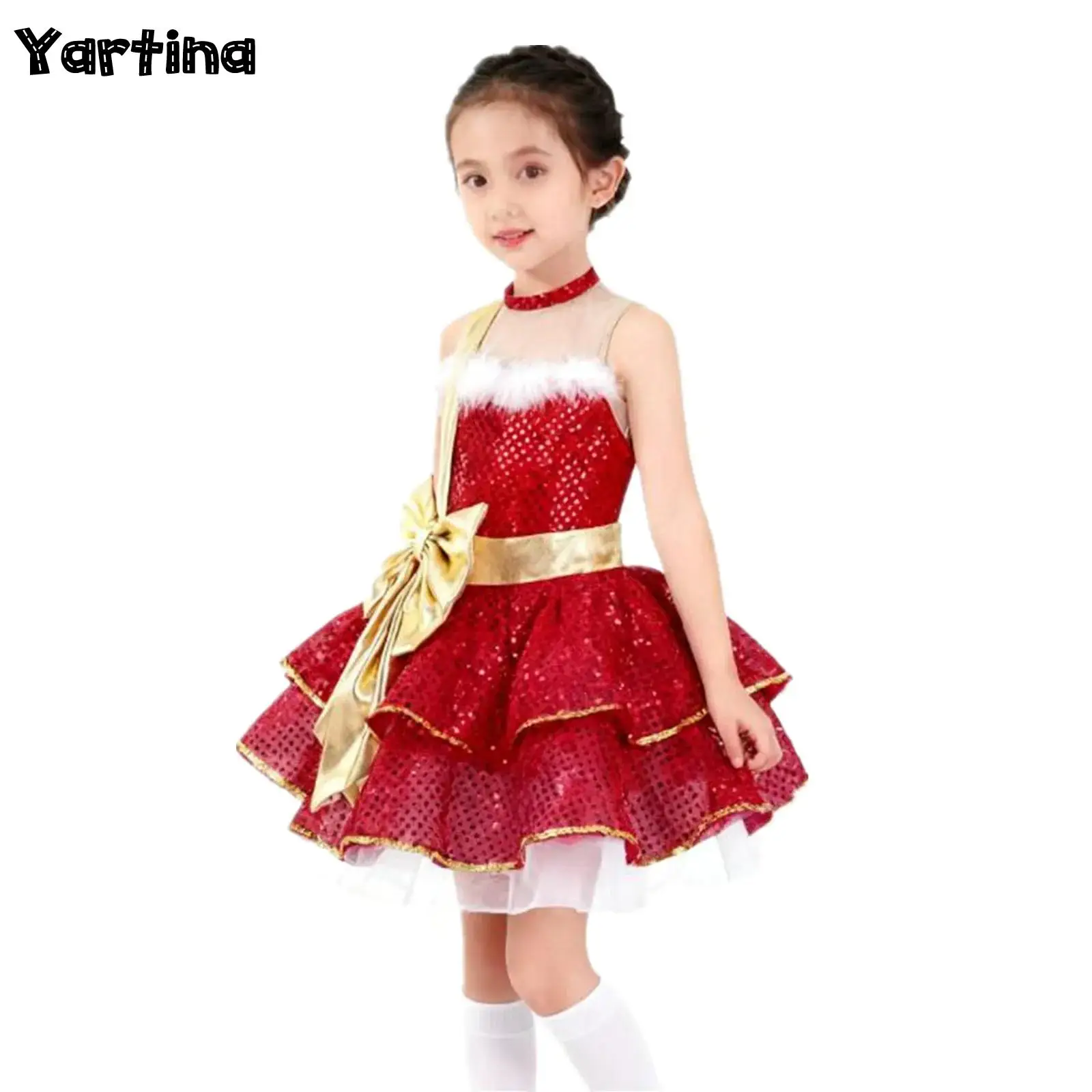 

Girls Christmas Xmas Cosplay Costume Xmas Party Dress Up Sequins Ballet Tutu Gymnastics Figure Skating Santa Claus Dress