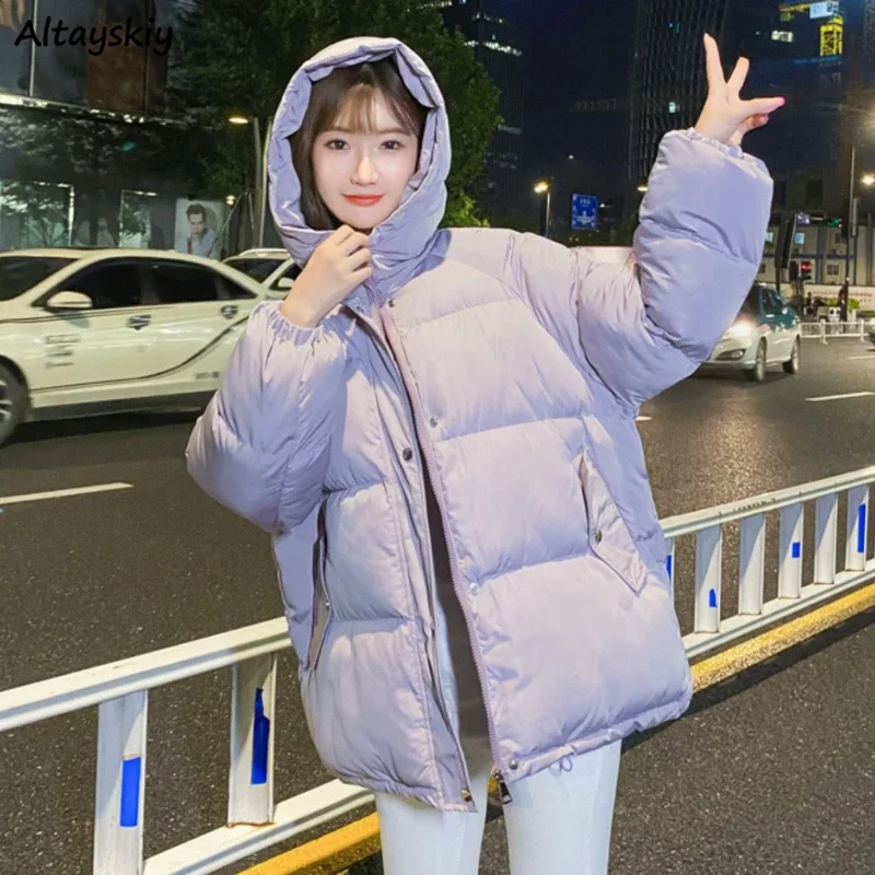 Korean Fashion Cute Hooded Coats Winter Thick Parkas Women Loose All-match Students Daily Simple Pure Color Overcoats Chic Youth