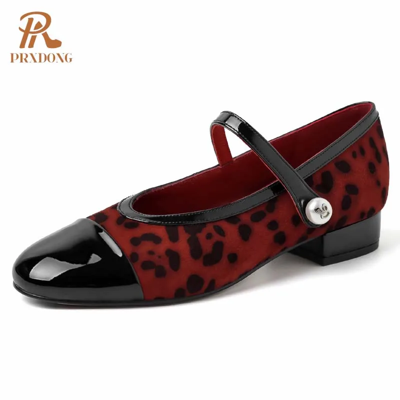 PRXDONG 2025 Brand Fashion Spring Summer Women Shoes Low Square Heels Red Brown Dress Party Female Mary Janes Pumps Size 33-40