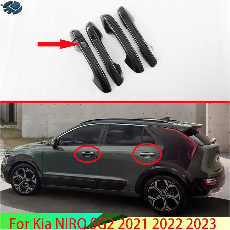 For Kia NIRO SG2 2021 2022 2023 Carbon Fiber Style Door Handle Cover With Smart Key Hole Catch Cap Trim Molding