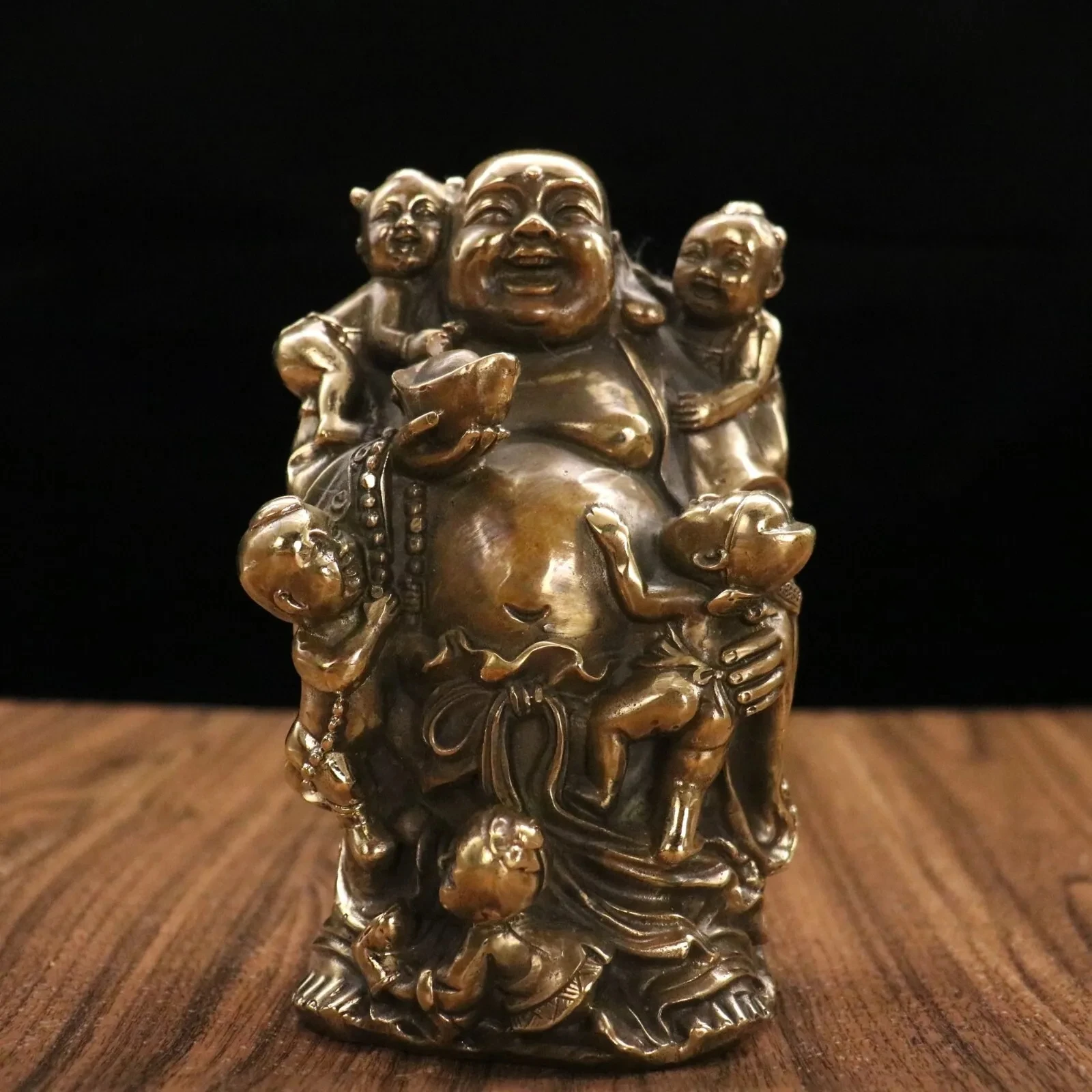 China old bronze copper Hand-carved Five Sons Maitreya Buddha Exquisite statue