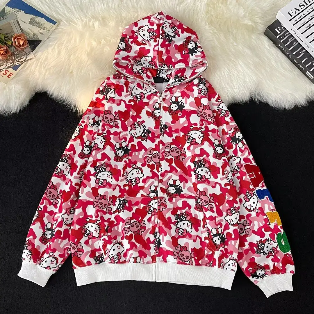 2024 Sanrio Hello Kitty Y2K Jacket Anime Sweet Sherpa Hooded Sweatshirt Zipper Jacket Cartoon Loose Warm Couple Fleece Sweater