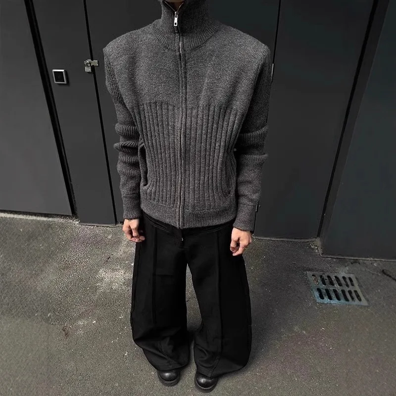 

Front Shoulder High Neck Cardigan Sweater Men's Vintage Loose Casual Knitted Sweater Jacket