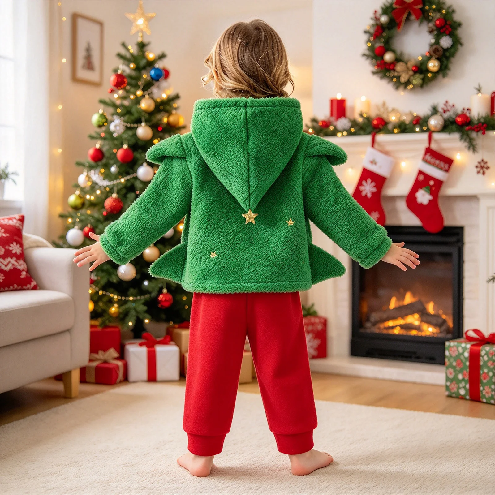 Kids Girls Boys Christmas Tree Shaped Fleece Outfit Long Sleeve Pom-pom Gold Star Hoodie+Pants for Xmas Party Holiday Activity