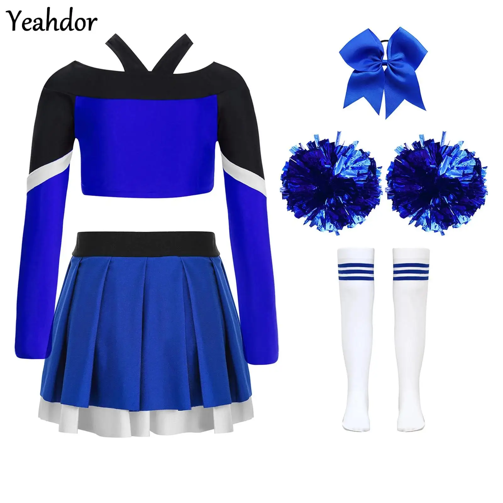 

Girls Cheerleader Costume Outfit Halloween Cheerleading Uniform Long Sleeve Letter Print Crop Top Pleated Skirt School Show Suit