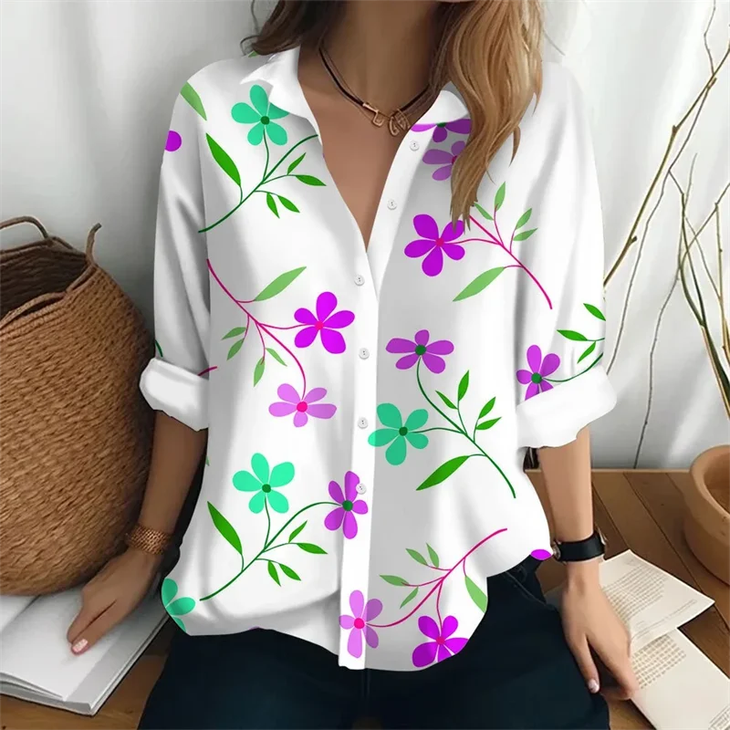 2024 New Women\'s Shirt Long Sleeve Flower Printed Collar Pocket Daily Beach Vacation Comfortable Top