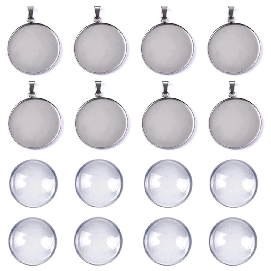 Blanking Pendant Blank Device-Stainless Steel Pendant Tray Round Frame with Glass Convex Gemstone Transparent Dome Pendant for