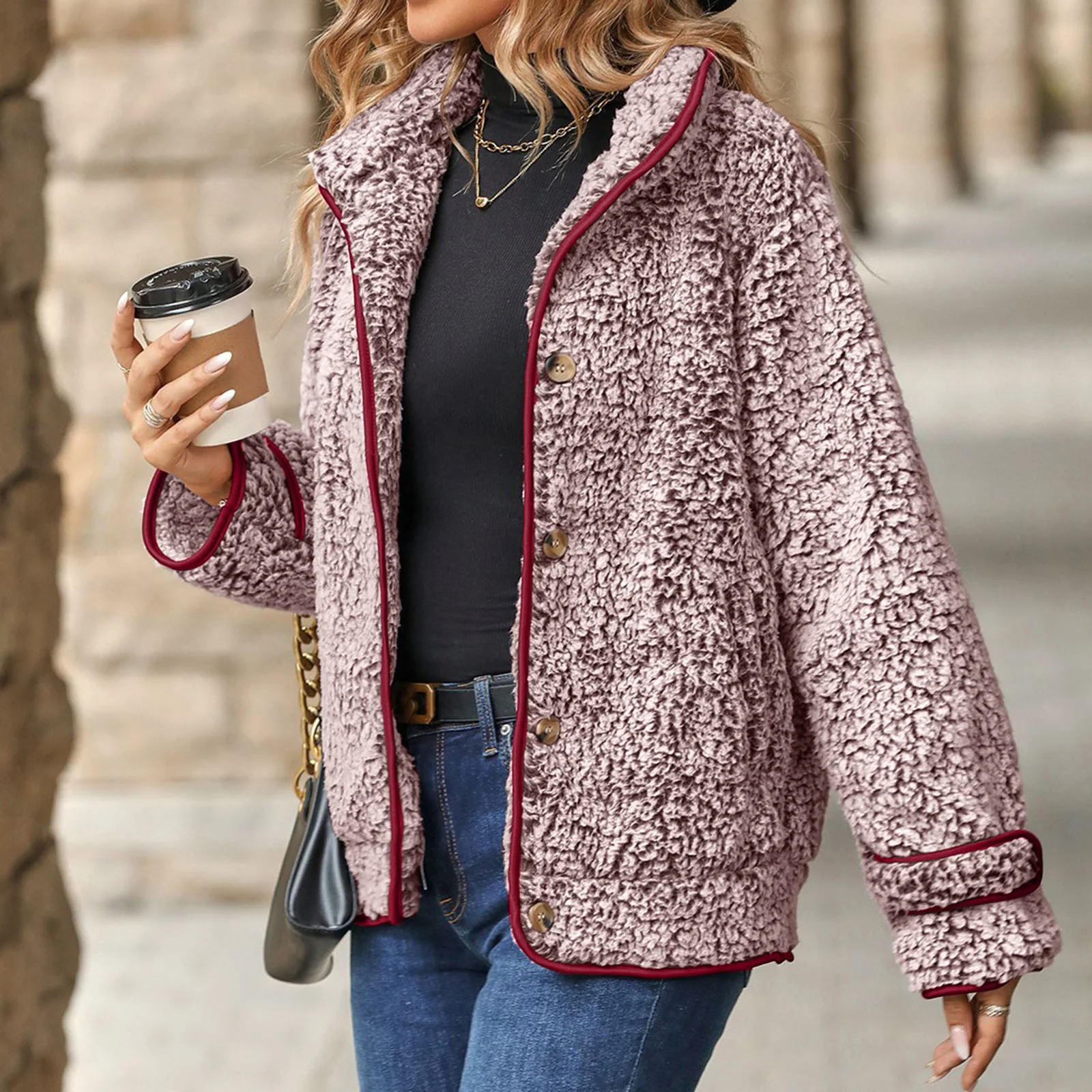 2025 Otoño Invierno chaqueta de bolsillo para mujer abrigo grueso de felpa cálido de manga larga para mujer abrigo con cuello vuelto de un solo pecho