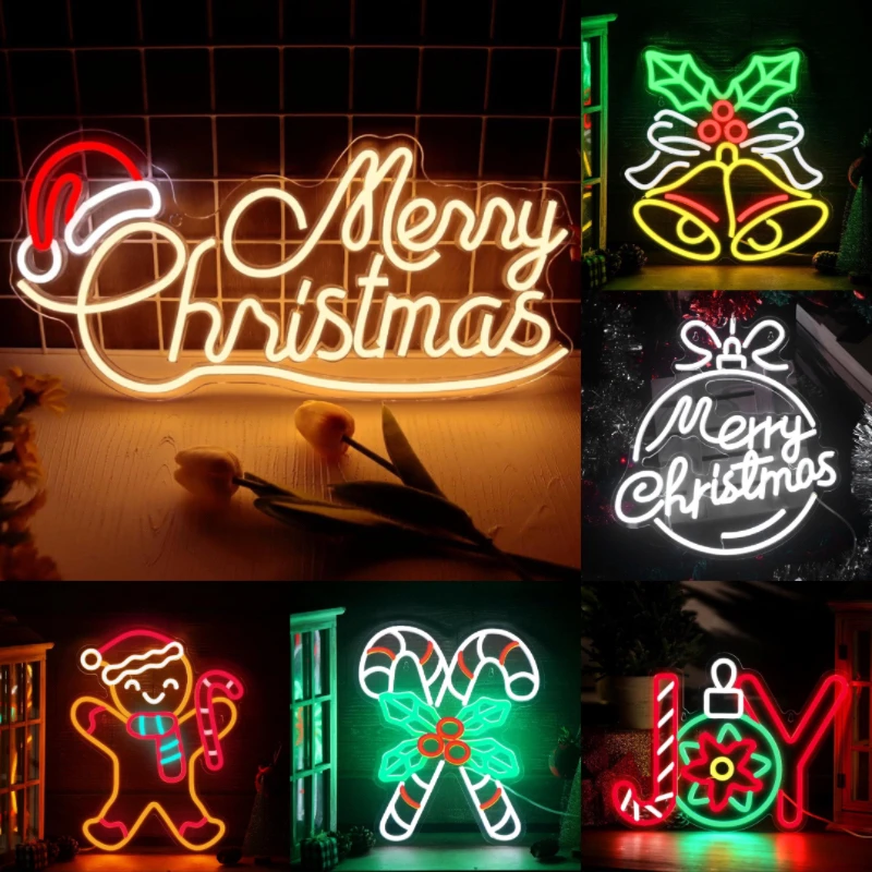 Natal Joy lampu Neon, dekorasi Natal cahaya kamar tanda LED dinding Bar ruang keluarga dekorasi musim dingin untuk pesta