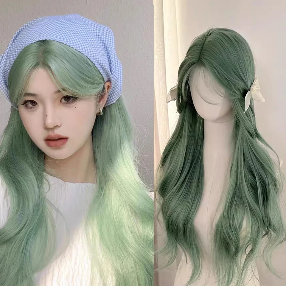 Parrucca sintetica capelli lunghi ondulati verde menta Styling capelli lunghi ricci Joker Daily COS copricapo completo