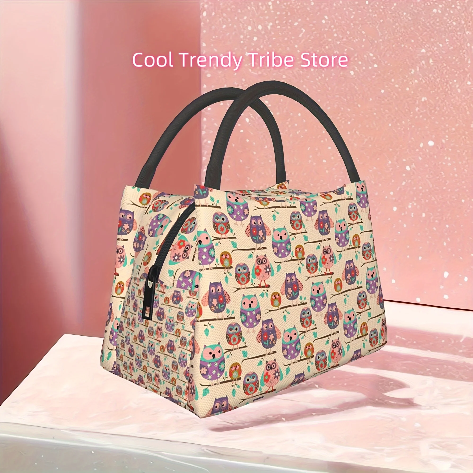 Owl Pattern, Reusable Insulated Lunch Bag: Perfect for Home, Office, School, Beach, Hiking, and Picnics - Hand Washable, Made of