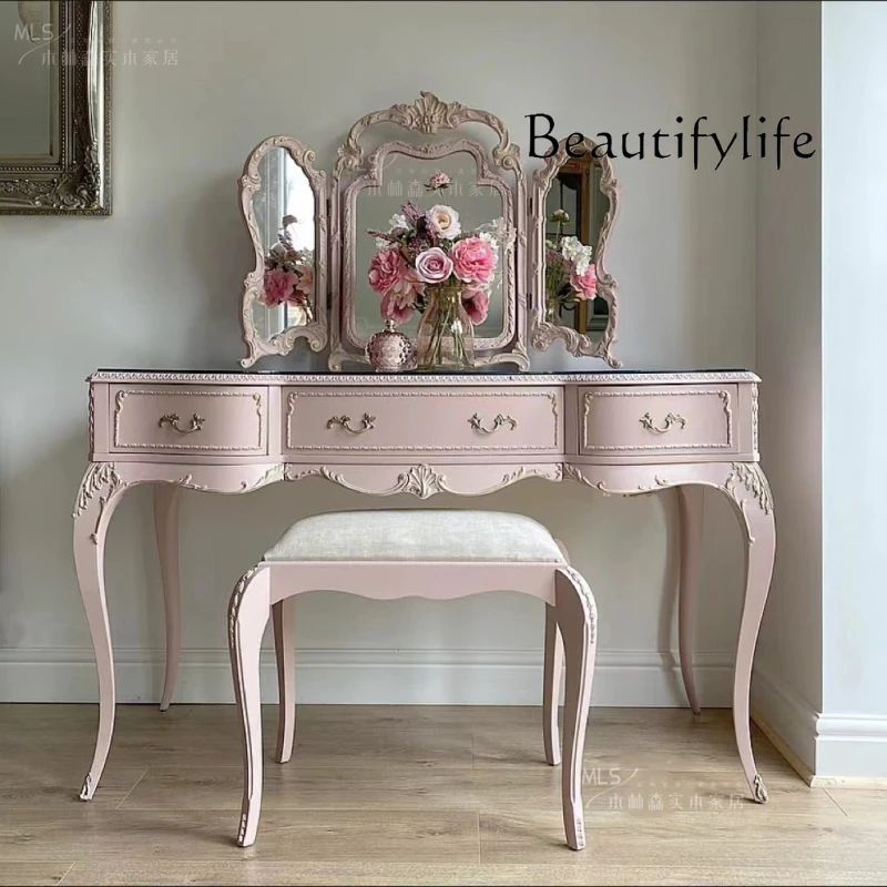 European Entry Lux Solid Wood Dresser Retro Style Bedroom Carved Makeup Table Combination with Mirror