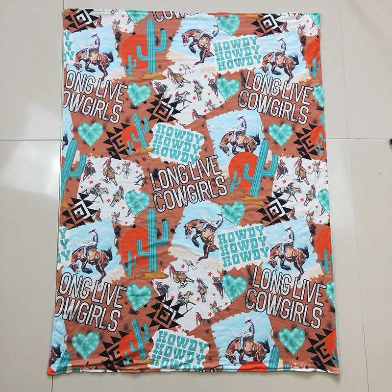 Wholesale Kids Western Cow Horse Cactus Bedding Fleece Boy Girl Blue Blanket Toddler Cotton Flannel Newborn Children Thin Quilt