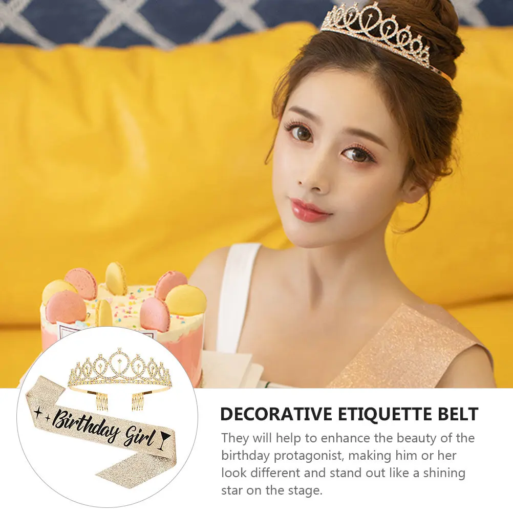 Birthday Crown Set with Shiny Tiara, Decorative Sash & Shoulder Strap – Elegant Party Supplies & Gifts