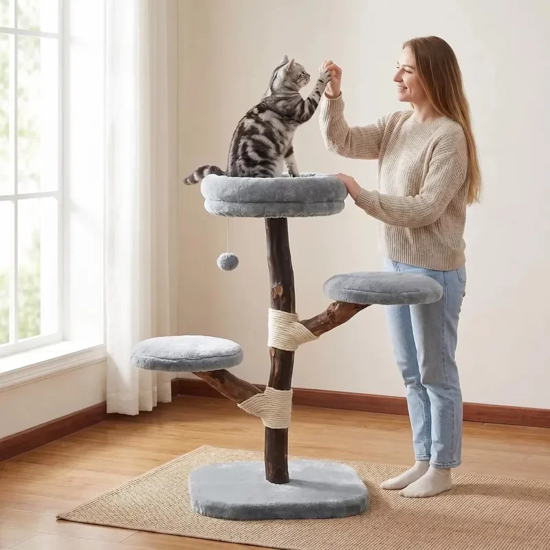 Luxury Wool Eco-Friendly Cat Tree with Sisal Column Easy Assembly Safe Indoor Use 81cm Height Carton