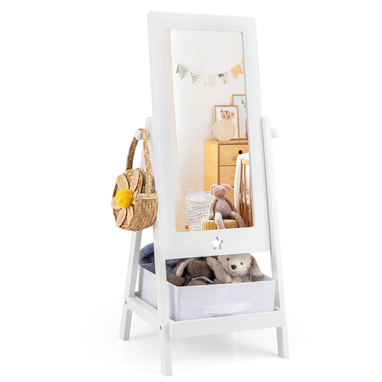 

Kids Full Length Mirror 360° Rotatable Freestanding Dressing Mirror w/Storage