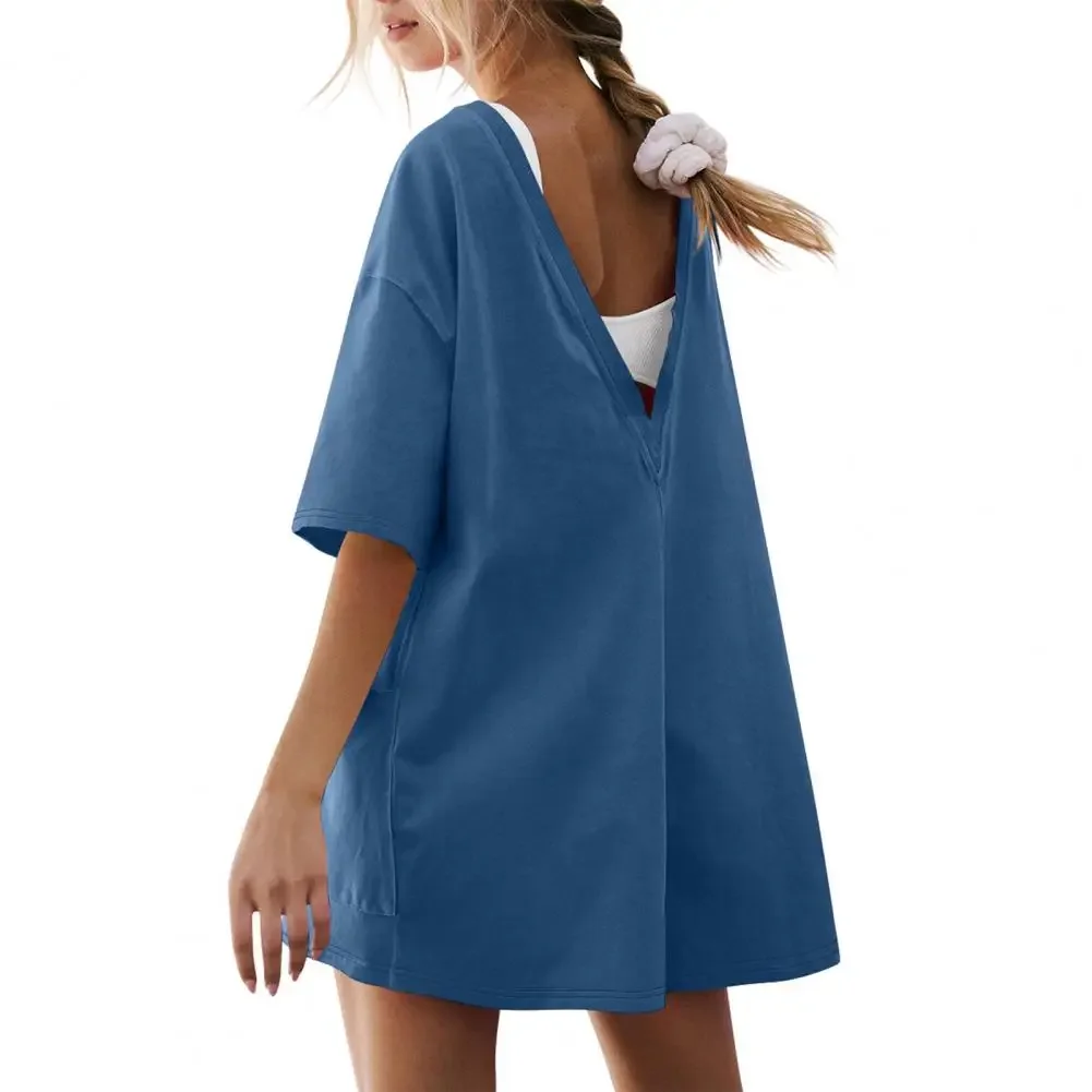 Loose Fit Women Romper Stylish Summer Women's Romper with Deep Crotch Big Pockets V-shaped Back Casual Daily Short for Comfort