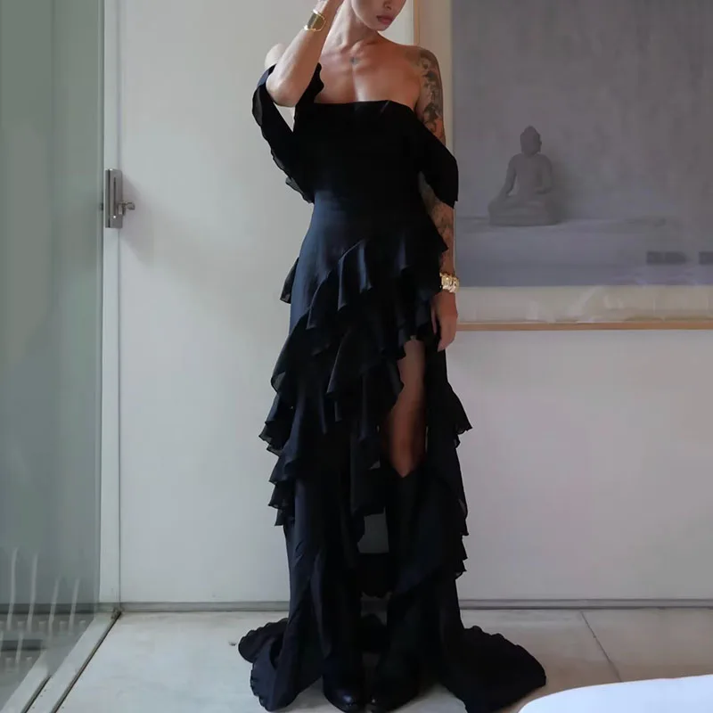 Y2K Rufflesไม่สม่ําเสมอชุดผู้หญิงเซ็กซี่บางSheer Offชุดชีฟองไหล่ผู้หญิงแฟชั่นBackless Lace Up SlashคอRobe
