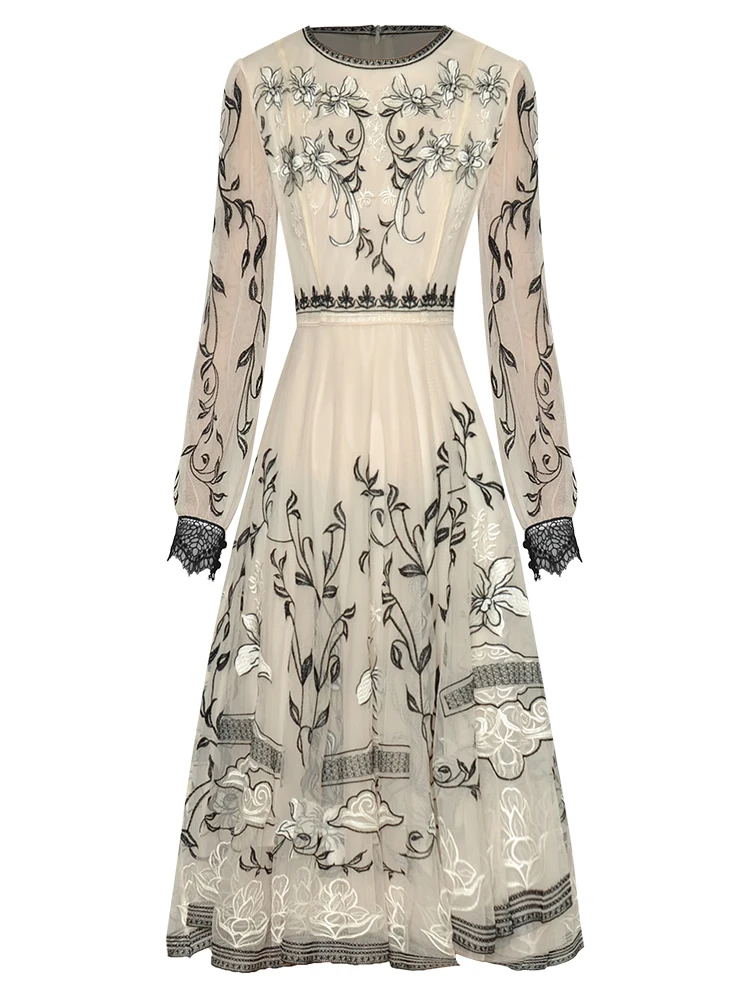 

Summer Female High Qualit Fashion Party Embroidery Mesh Elegant Gentlewoman Luxury Sunscreen Chic Girls Long Sleeved Midi Dress