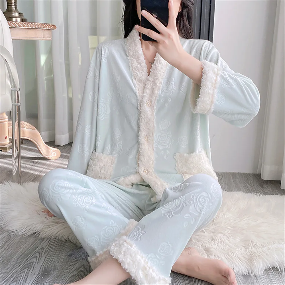 Jacquard Island Velvet 2PCS Pajamas Set Autumn Winter Women's Sleepwear Elegant Velour Home Clothing Loungewear