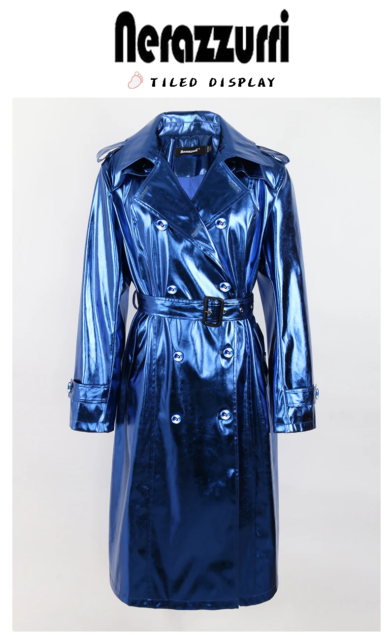 Nerazzurri Spring Autumn Long Shiny Reflective Patent Leather Trench Coat for Women Sashes Double Breasted European Fashion 2022