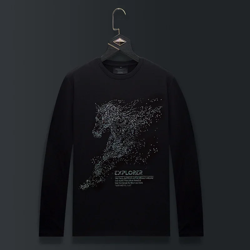 

Plus Size O Neck Long Sleeve T Shirts Men Fashion Streetwear Horse Pattern Rhinestones Modal Cotton Slim Tshirts Mens Clothing