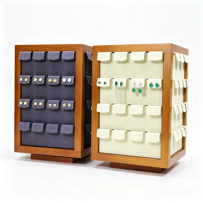 Wooden Earrings Display Stand Counter Rotating Earrings Display Rack Women's Ear Studs Storage Holder Desktop Jewelry Organizer