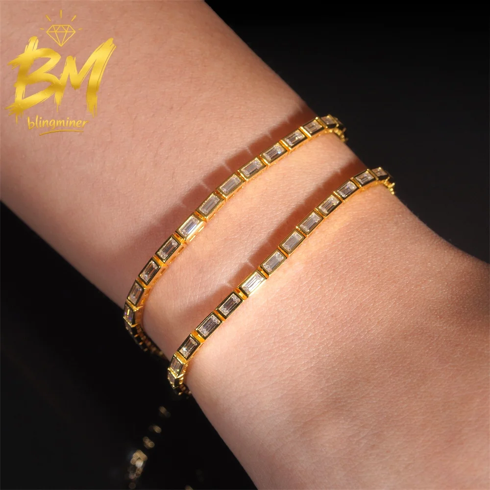 Blingminer 2*4mm Emerald VVS Moissanite Tennis Chain Bracelet For Men Women S925 Silver Jewelry Pass Diamonds Tester GRA