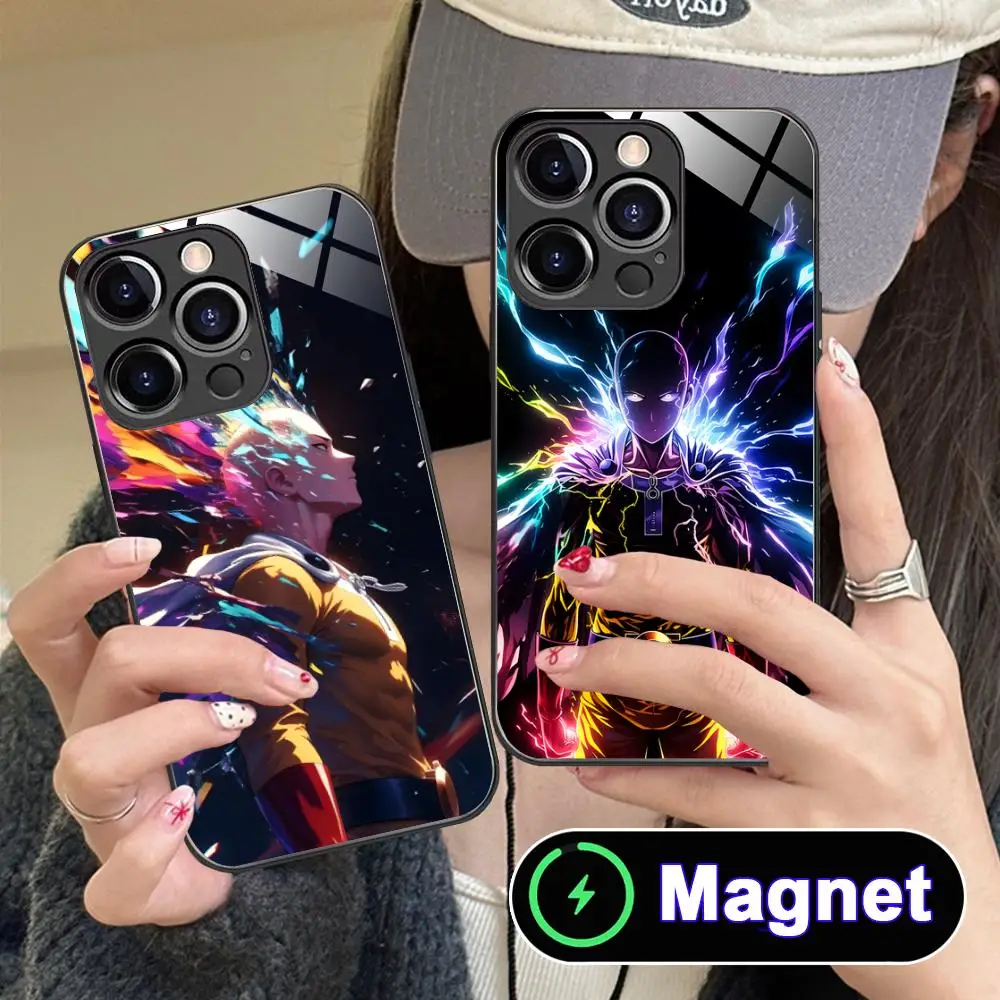 

Anime Punch Saitama Phone Case for iPhone 17 16 15 14 13 12 11 Air Pro Max Plus Mini Glass Magnet Cover