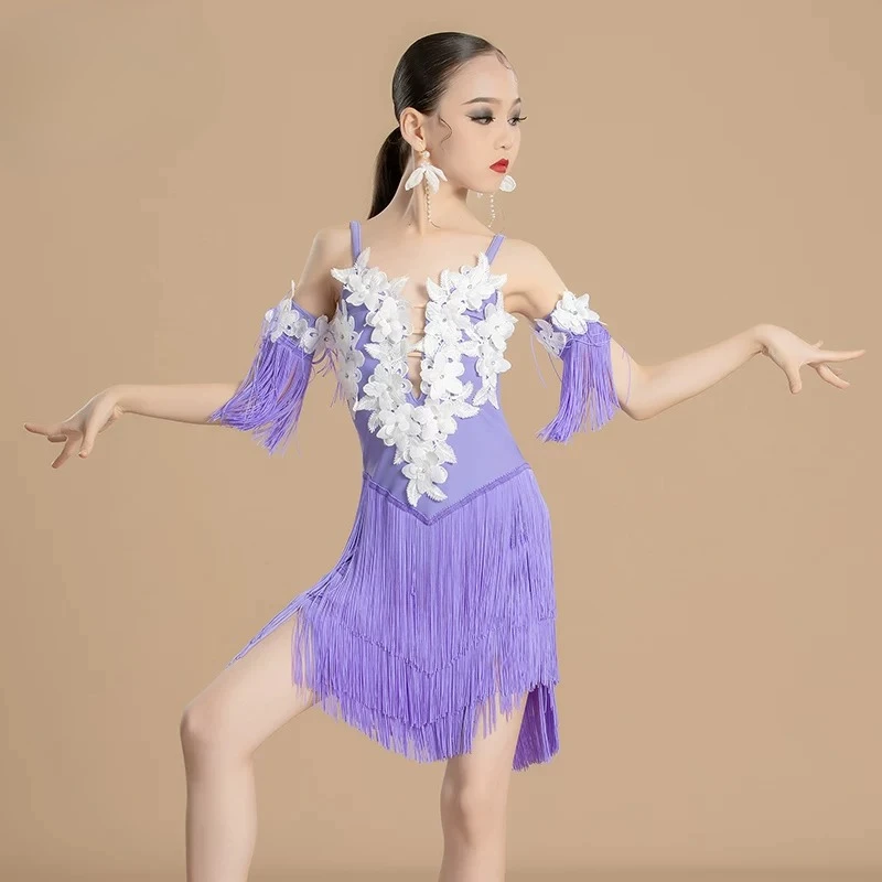 

2026 new model Latin dance performance outfit - professional dance stage fringed dress - high-end blue floral dress