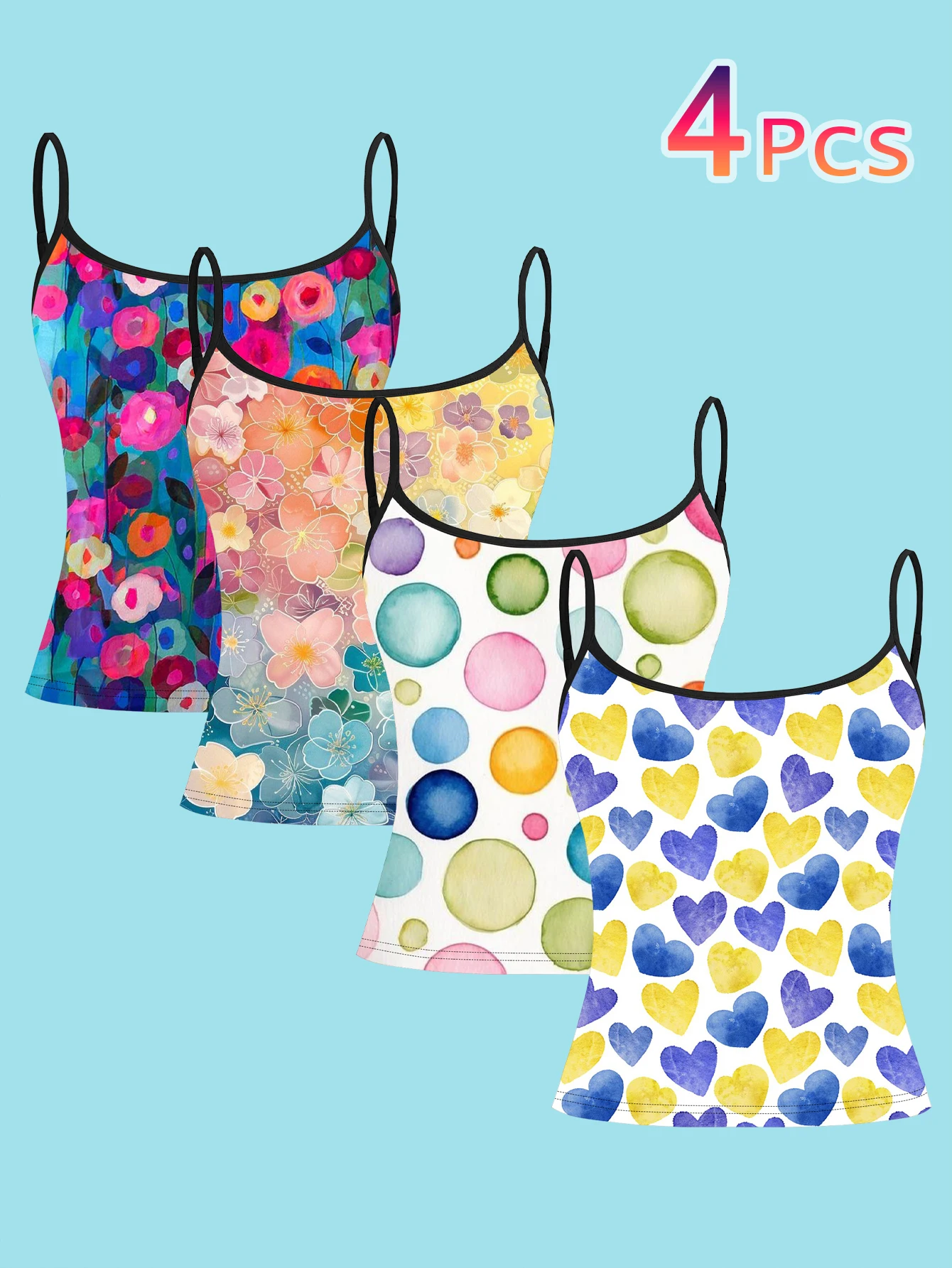 4-Piece Set of Watercolor Floral Polka Dot Heart Print Camisole for Women, Fresh and Sweet Hand-Painted Girl-Style Thin Strap Waist-Cinching Slim-Fit Base Top, Casual Daily Wear, Cross-Border Casual Daily Outerwear Camisole