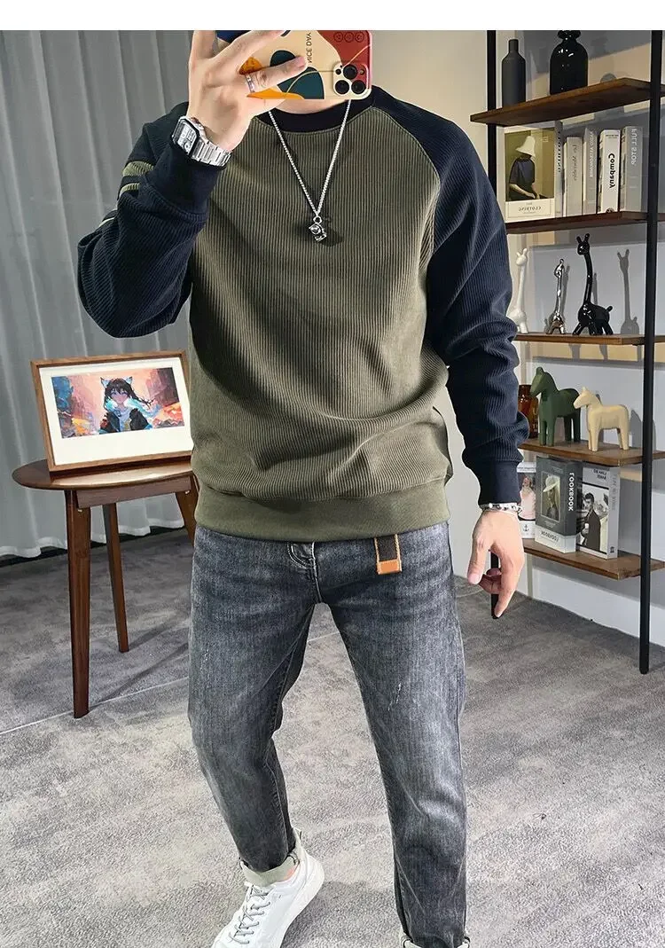 New Men's Long Sleeved Round Neck Pullover Casual Base Sweater with Vertical Stripe Splicing Contrasting Color Sweatshirt XJ170