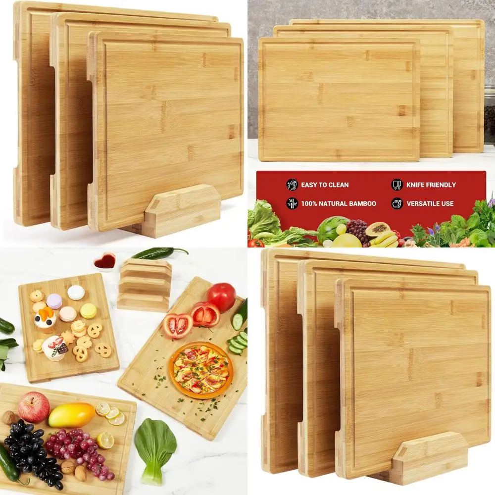 

Bamboo Kitchen Cutting Board Set with Holder, Ideal for Meal Prep, Serving, and Charcuterie Platters