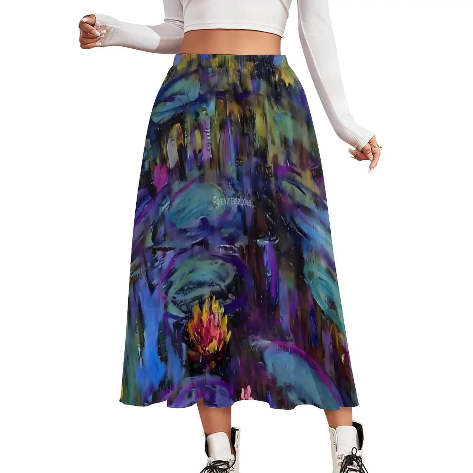 

Painting Print Skirt Monet Water Lilies Retro Long Skirts Summer Aesthetic High Waist Chiffon Design Oversized A-line Skirt