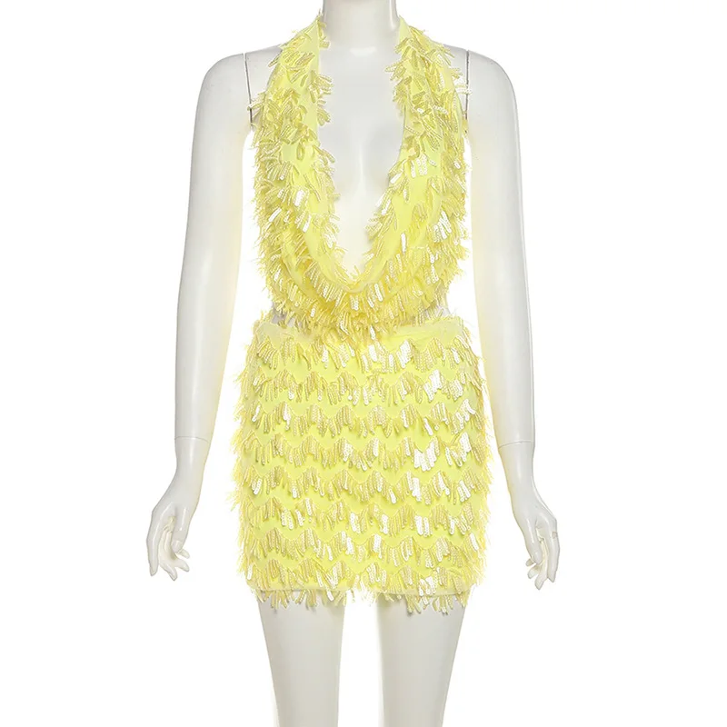 

Yellow Sexy Sequins Tassel Two Piece Woman Dress Sets 2026 Summer Fashion Ladies Backless Cropped Tops and Mini Skirts Outfits