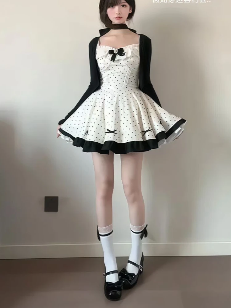 

Spring Japanese Kawaii Sweet 2 Piece Set Women Design Polka Dot Elegant Dress + Black Coat Female Chic Korean Popular Clothes