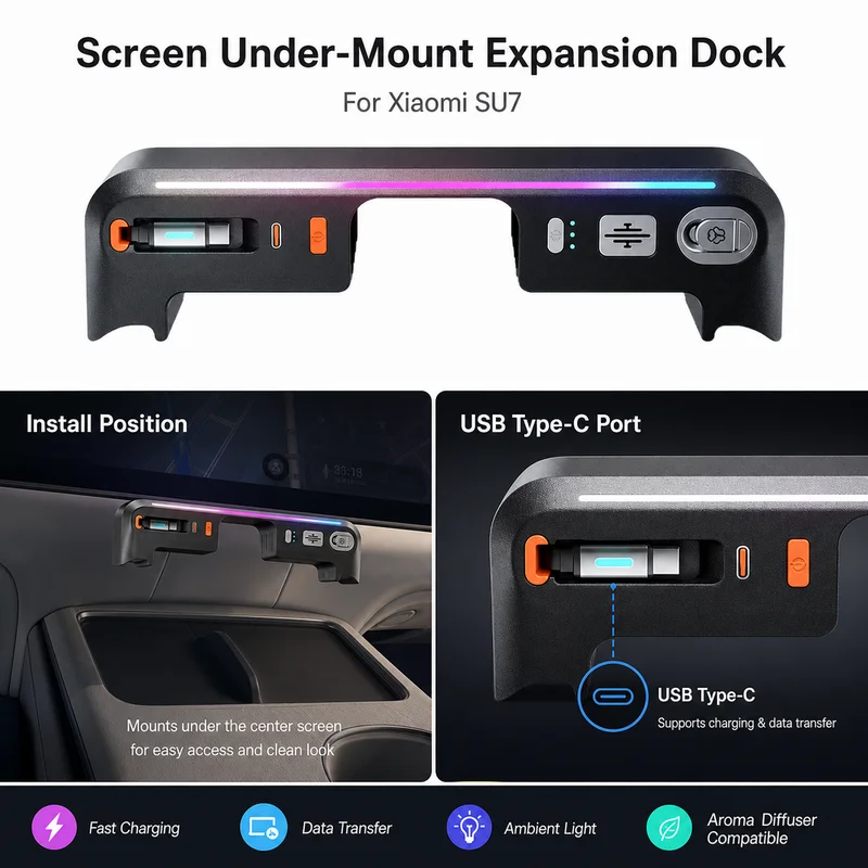 For Xiaomi SU7 Expansion Dock Under Screen Car Aroma Diffuser Machine Accessories Type-C Adapter Extender Charging