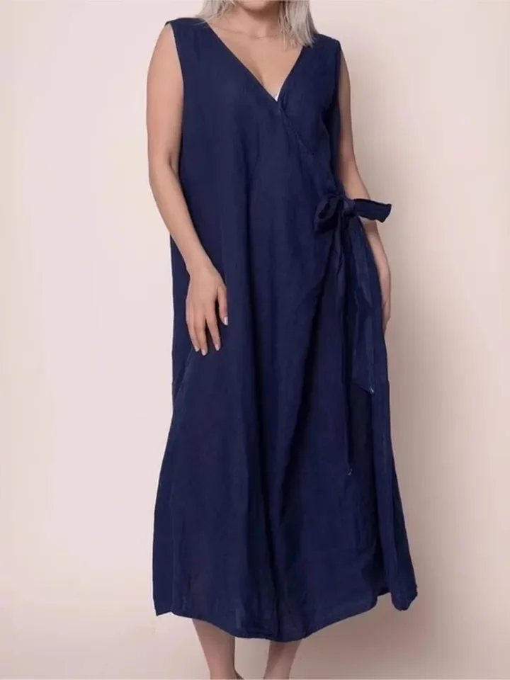 여성용 솔리드 루즈 드레스 캐주얼 섹시 브이넥 민소매 스파게티 스트랩 레이스업 드레스 여성 패션 휴가 여성 의류 신상품