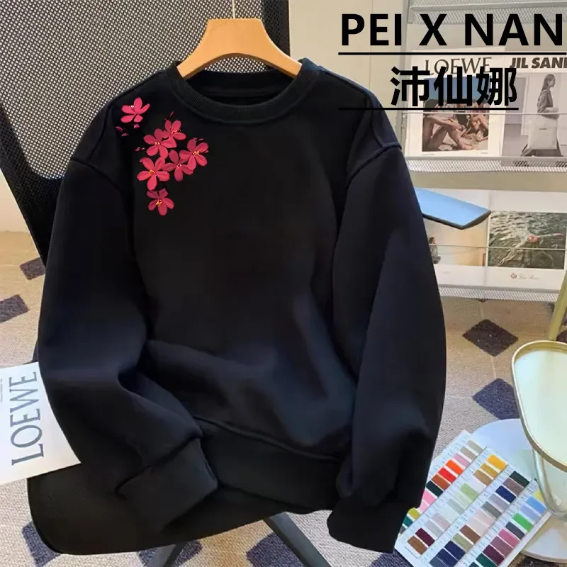 Autumn and Winter Round Neck Sweatshirt Cherry Blossom Print Loose Casual Long Sleeve Pullover