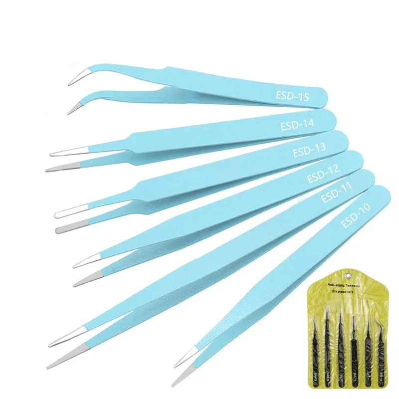 Stainless Steel ESD Multi-colored Tweezers Set, 6 Non-magnetic Precision Tweezers with Straight, Elbow, Flat and Pointed Tips