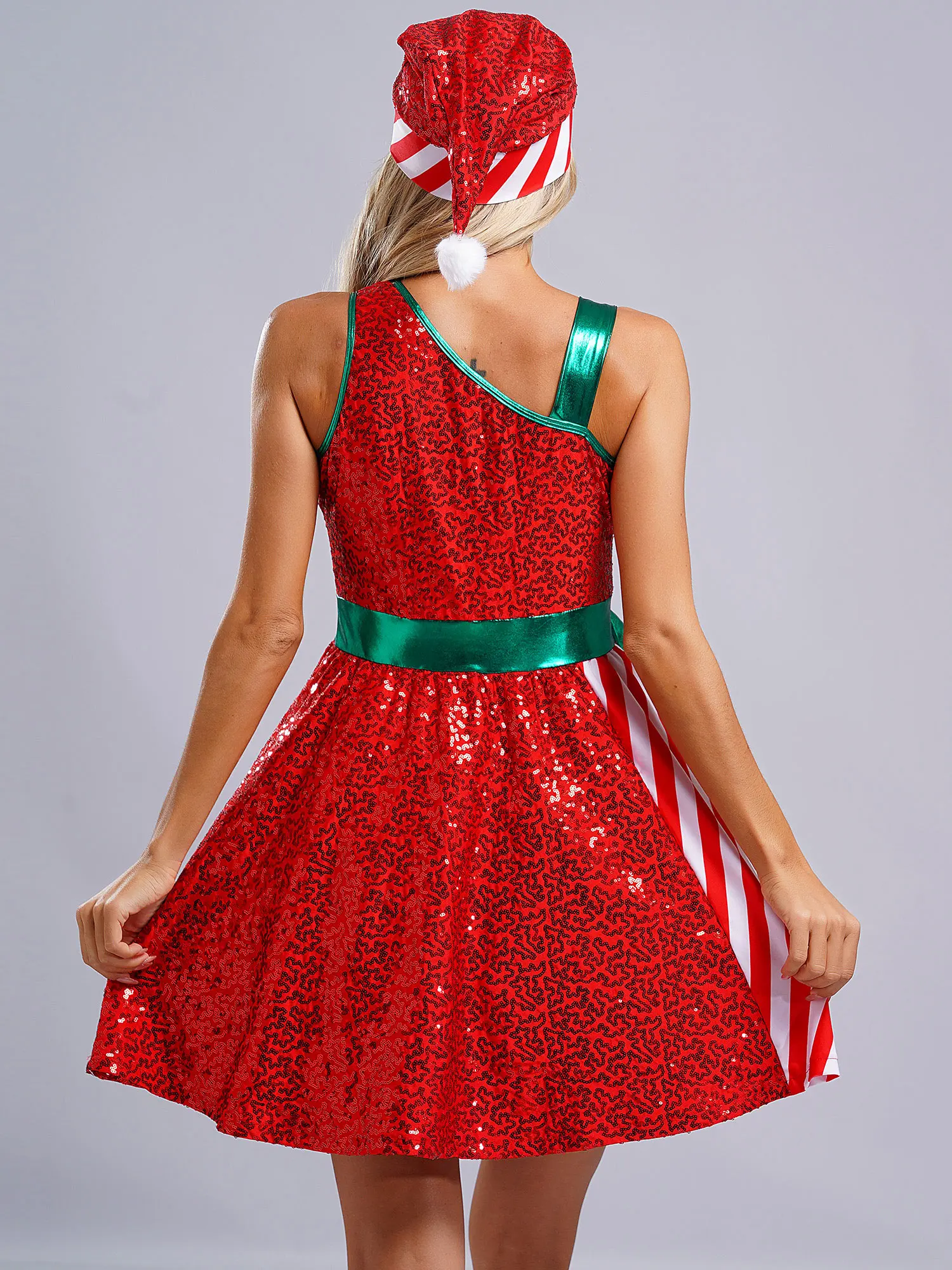 Women Christmas Dance Costume Mrs Santa Claus Costume Sleeveless Sequins Stripes Dress with Santa Hat for Xmas Party Costume