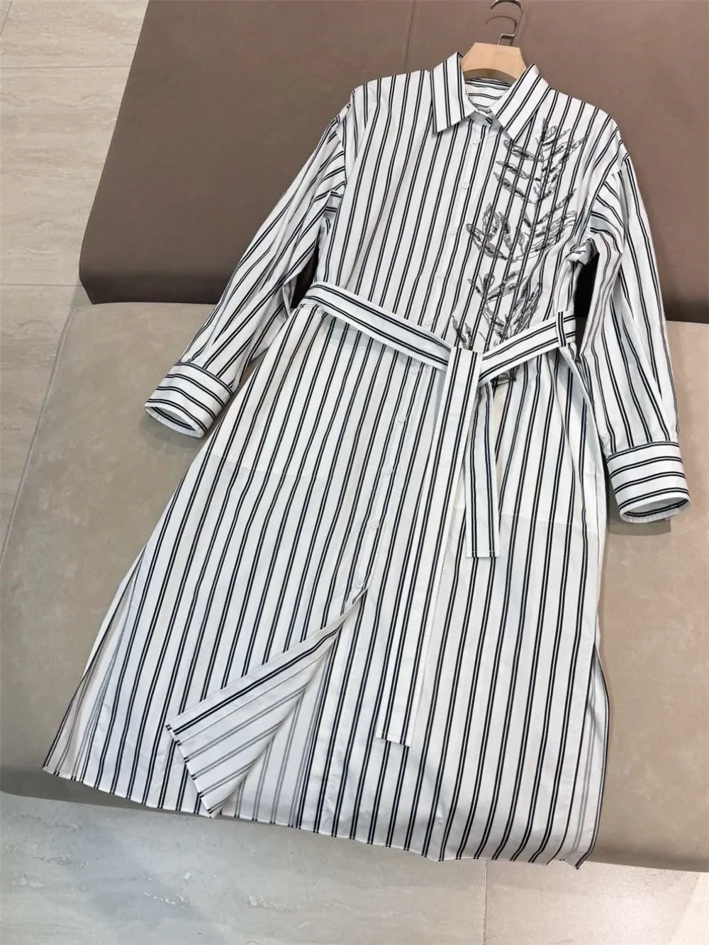 Spring 2025 Women's Striped Shirt Dress Sequined Embroidery Turn-down Collar Lace-up Waist Single Breasted Loose Cotton Robe