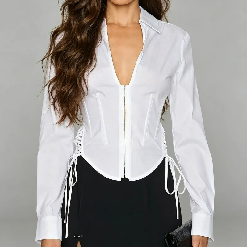 New Autumn White V-neck Corset Shirt for Women with Side Drawstring Slimming and Spicy Girl Style Cinched Waist Long-sleeved Top