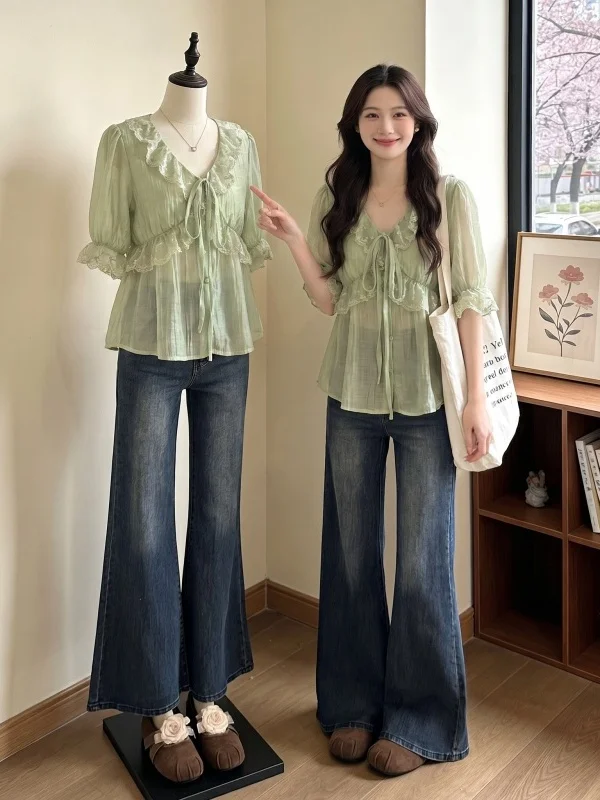 

Green Lace Trim V-Neck Chiffon Shirt Women's Summer New plus Size Doll Shirt Korean Style Loose Fit Short Sleeve Top