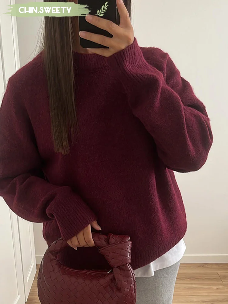 Round Neck Pullover Loose Jumper For Women Sweater Solid Sleeve Bottom Shirt Cosy Casual Simple Stylish Tops 2024 Autumn Winter