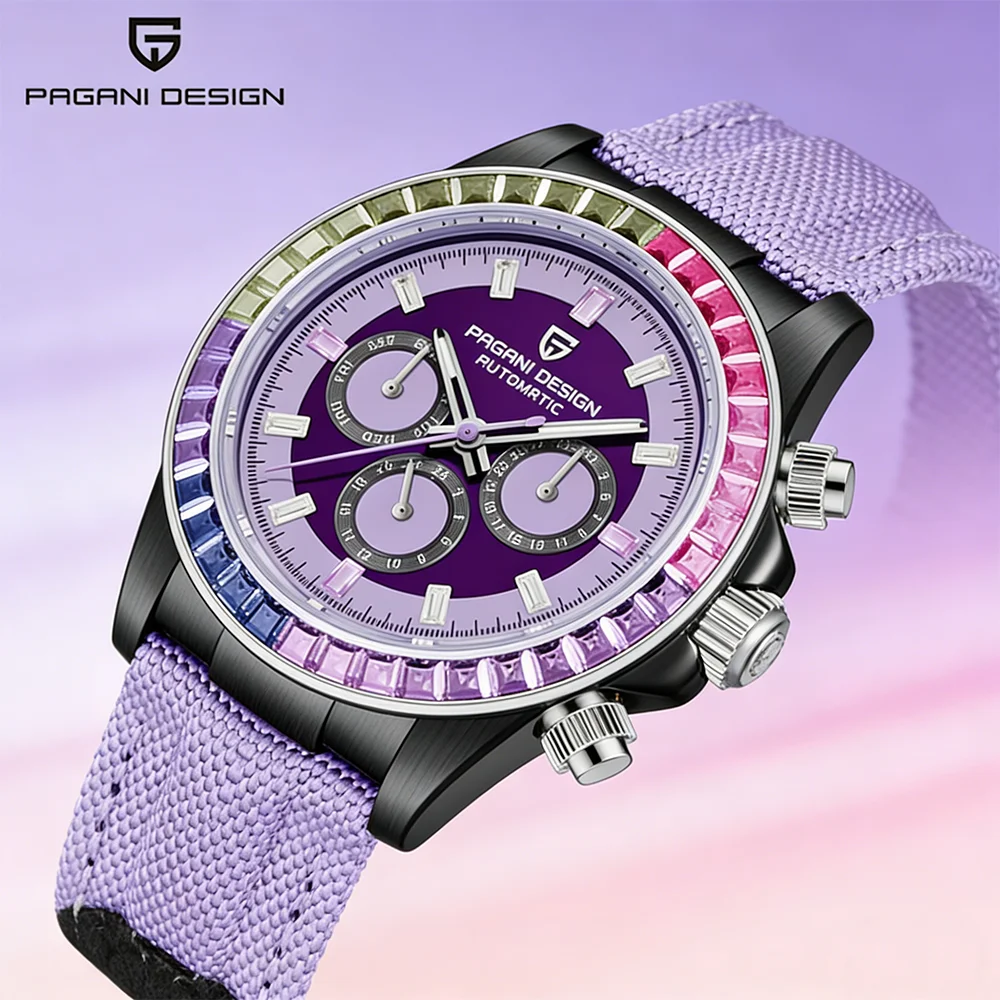 PAGANI DESIGN 40MM Men's Rainbow Bezel Chronograph Watch Luxury Automatic Mechanical Sapphire Crystal Stainless Steel Waterproof