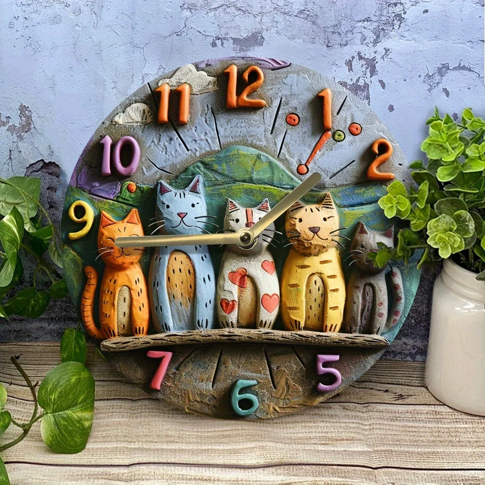 An 8-Inch 2D Flat Style Quartz Wall Clock With A Cute Cat Pattern - The Perfect Choice For Autumn Decoration