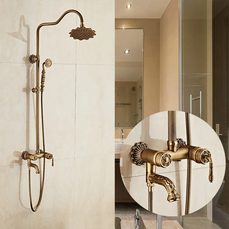 Antique Brass Carving Rainfall Shower Set Faucet Mixer Tap With Tub Bath &Set Bathtub