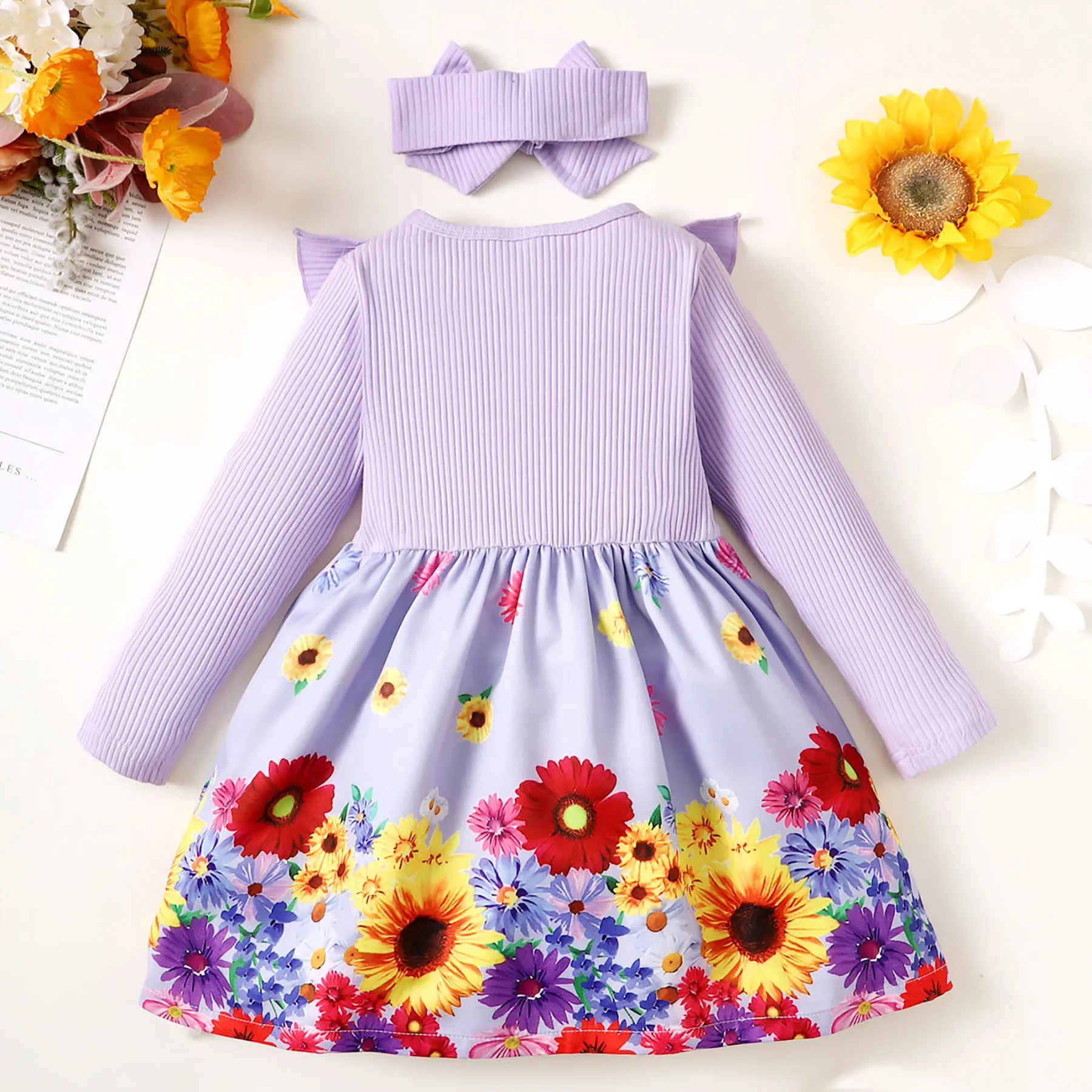 PatPat Sweet Toddler Girl 2pcs Floral Ruffle Edge Dress with Headband Soft and Comfortable  Perfect for Outings Basic Style