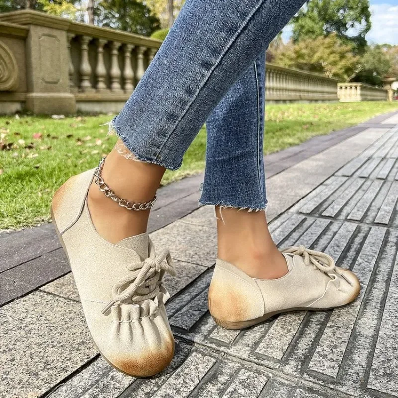 2024 tendência sapatos femininos moda redonda apartamentos conforto rendas até antiderrapante apartamentos casuais versátil sapatos tamanhos grandes zapatos mujer